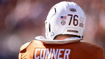 Nov 23, 2024; Austin, Texas, USA; Texas Longhorns left guard Hayden Conner (76) during pregame against the Kentucky Wildcats at Darrell K Royal-Texas Memorial Stadium. Mandatory Credit: Brett Patzke-Imagn Images