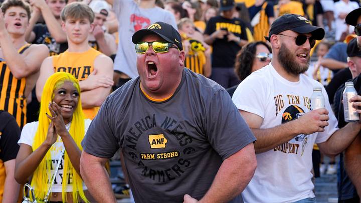 Iowa Hawkeyes fans cheer during a football game against the Indiana Hoosiers Sept. 27, 2025 at Kinnick Stadium in Iowa City, Iowa.