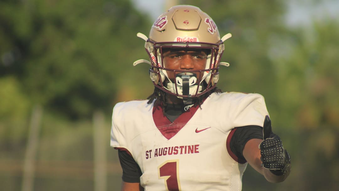 St. Augustine wide receiver Somourian Wingo (1) responds to a signal from the sideline with a thumbs-up against Bishop Kenny during a high school spring football game on May 21, 2025. [Clayton Freeman/Florida Times-Union]