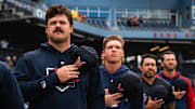 Pitchers Payton Tolle (left) and Connelly Early (second from left) stand for the national anthem ahead of Triple-A Worcester's game at Polar Park on Aug. 21, 2025.