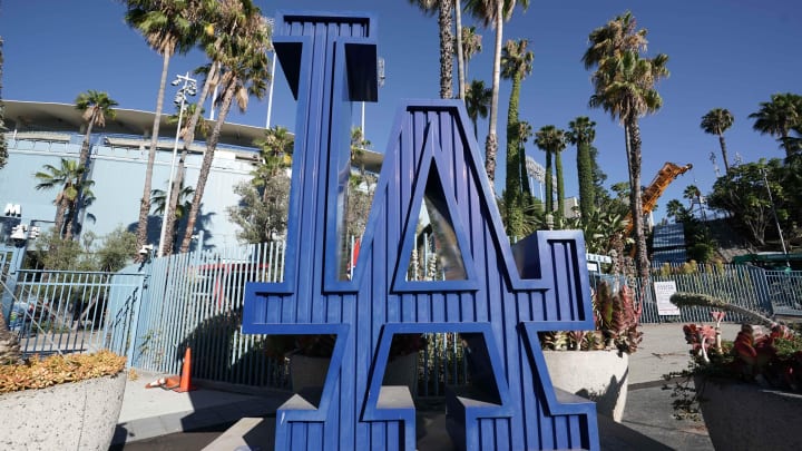 Jul 16, 2020; Los Angeles, California, United States; A general view of LA logo during a Los Angeles Dodgers intrasquad workout at Dodger Stadium. Mandatory Credit: Kirby Lee-USA TODAY Sports