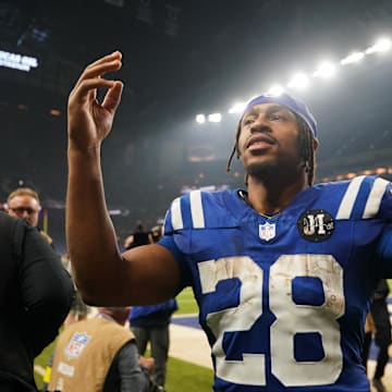 Oct 26, 2025; Indianapolis, Indiana, USA; Indianapolis Colts running back Jonathan Taylor (28) celebrates after the game against the Tennessee Titans at Lucas Oil Stadium. Mandatory Credit: Robert Goddin-Imagn Images