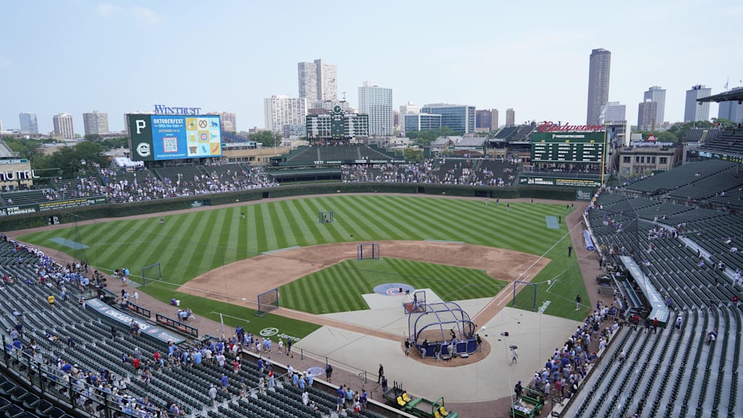 Chicago, Illinois, USA; The Pittsburgh Pirates take batting practice before the game against the Chicago Cubs at Wrigley Field. Chicago, Illinois, USA; The Pittsburgh Pirates take batting practice before the game against the Chicago Cubs at Wrigley Field.