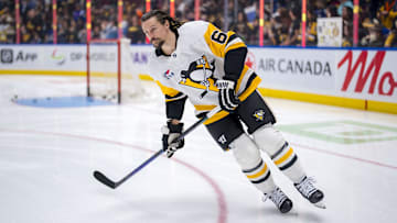 Oct 26, 2024; Vancouver, British Columbia, CAN; Pittsburgh Penguins defenseman Erik Karlsson (65) skates during warm up prior to a game against the Vancouver Canucks at Rogers Arena. Mandatory Credit: Bob Frid-Imagn Images