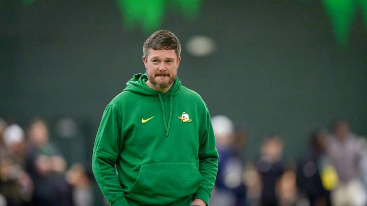 Oregon head coach Dan Lanning attends Oregon Pro Day on March 17, 2026, at the Moshofsky Center in Eugene, Oregon.