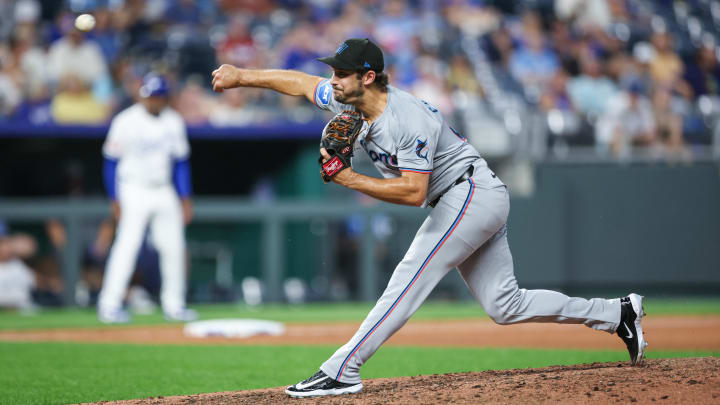 Miami Marlins pitcher JT Chargois throws against the Kansas City Royals in June at Kauffman Stadium.