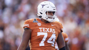 Dec 21, 2024; Austin, Texas, USA; Texas Longhorns offensive lineman Trevor Goosby (74) against the Clemson Tigers during the CFP National playoff first round at Darrell K Royal-Texas Memorial Stadium. Mandatory Credit: Mark J. Rebilas-Imagn Images
