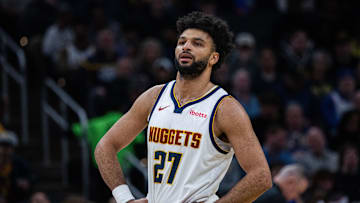 Feb 24, 2025; Indianapolis, Indiana, USA; Denver Nuggets guard Jamal Murray (27)  in the first half against the Indiana Pacers at Gainbridge Fieldhouse. Mandatory Credit: Trevor Ruszkowski-Imagn Images