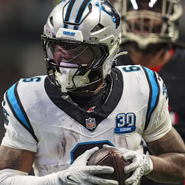Carolina Panthers running back Miles Sanders catches a touchdown pass against the Atlanta Falcons 