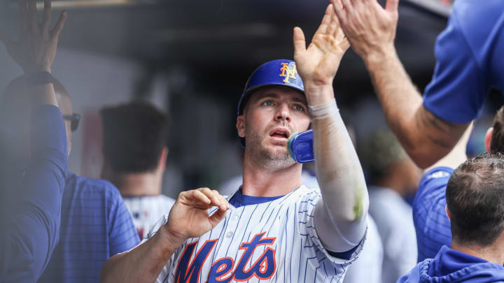 Jun 30, 2024; New York City, New York, USA;  New York Mets first baseman Pete Alonso (20) is greeted in the dugout after scoring in the sixth inning against the Houston Astros at Citi Field. Mandatory Credit: Wendell Cruz-USA TODAY Sports