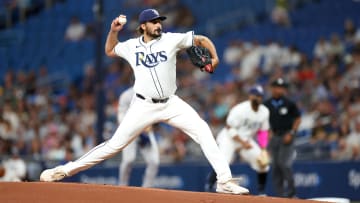 Jul 10, 2024; St. Petersburg, Florida, USA;  Tampa Bay Rays pitcher Zach Eflin (24) throws a pitch against the New York Yankees in the first inning at Tropicana Field. Mandatory Credit: Nathan Ray Seebeck-USA TODAY Sports