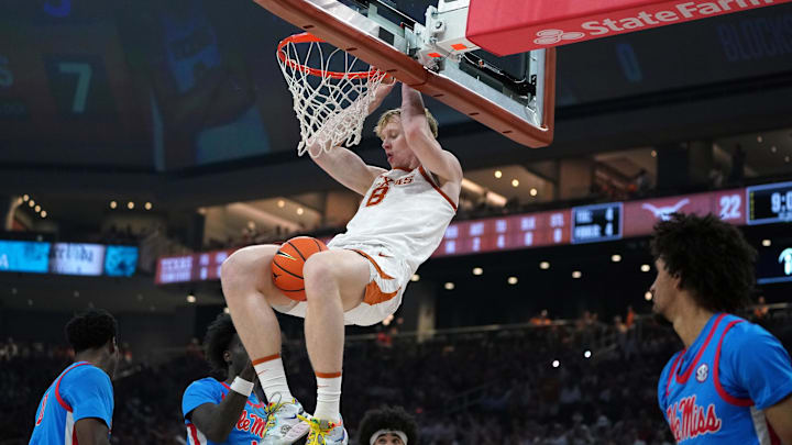 Feb 7, 2026; Austin, Texas, USA; Texas Longhorns center Matas Vokietaitis (8) dunks the ball during the first half against the Mississippi Rebels at Moody Center. Mandatory Credit: Dustin Safranek-Imagn Images