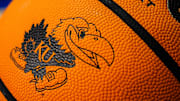 Nov 10, 2022; Lawrence, Kansas, USA; A detailed view of the Kansas Jayhawks logo on a basketball prior to a game against the North Dakota State Bison at Allen Fieldhouse. Mandatory Credit: Jay Biggerstaff-Imagn Images