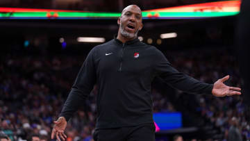 Apr 14, 2024; Sacramento, California, USA; Portland Trail Blazers head coach Chauncey Billups talks to a referee after a play against the Sacramento Kings in the fourth quarter at the Golden 1 Center. Mandatory Credit: Cary Edmondson-USA TODAY Sports