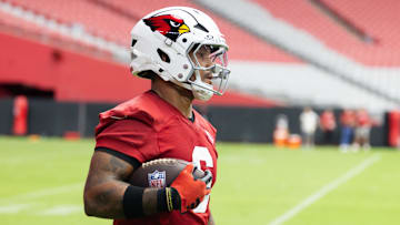 Jul 24, 2025; Glendale, AZ, USA; Arizona Cardinals running back James Conner during training camp at State Farm Stadium. Mandatory Credit: Mark J. Rebilas-Imagn Images