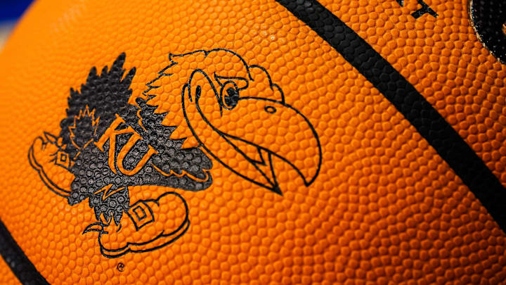 Nov 10, 2022; Lawrence, Kansas, USA; A detailed view of the Kansas Jayhawks logo on a basketball prior to a game against the North Dakota State Bison at Allen Fieldhouse. Mandatory Credit: Jay Biggerstaff-Imagn Images