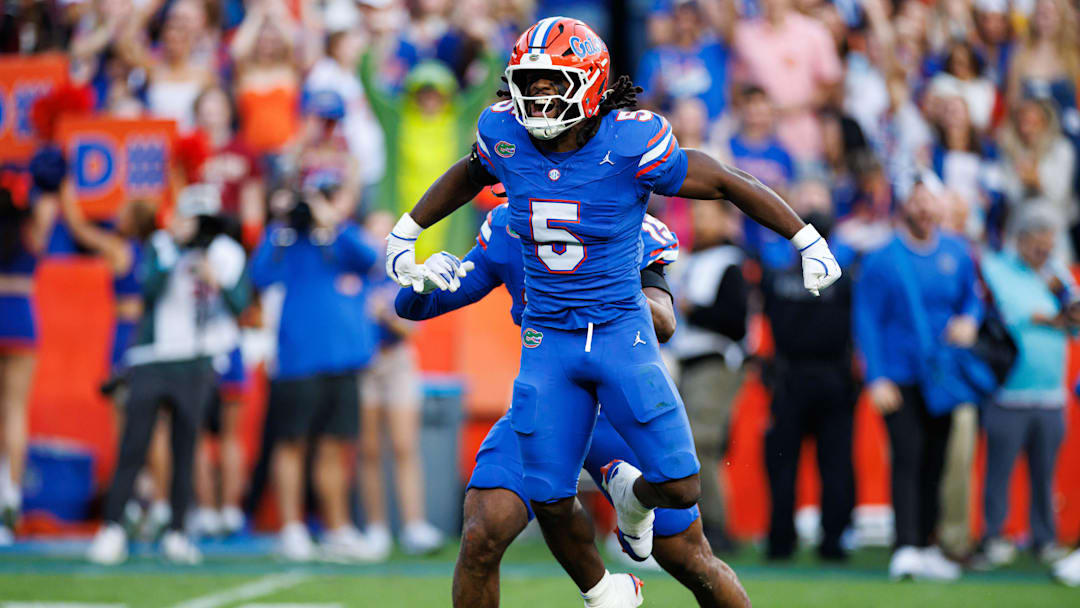 Nov 29, 2025; Gainesville, Florida, USA; Florida Gators linebacker Myles Graham (5) celebrates after a sack against the Florida State Seminoles during the first half at Ben Hill Griffin Stadium. Nov 29, 2025; Gainesville, Florida, USA; Florida Gators linebacker Myles Graham (5) celebrates after a sack against the Florida State Seminoles during the first half at Ben Hill Griffin Stadium.