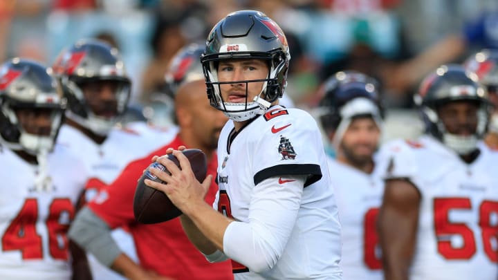 Tampa Bay Buccaneers quarterback Kyle Trask (2) looks to pass before a preseason NFL football game Saturday, Aug. 17, 2024 at EverBank Stadium in Jacksonville, Fla. [Corey Perrine/Florida Times-Union]