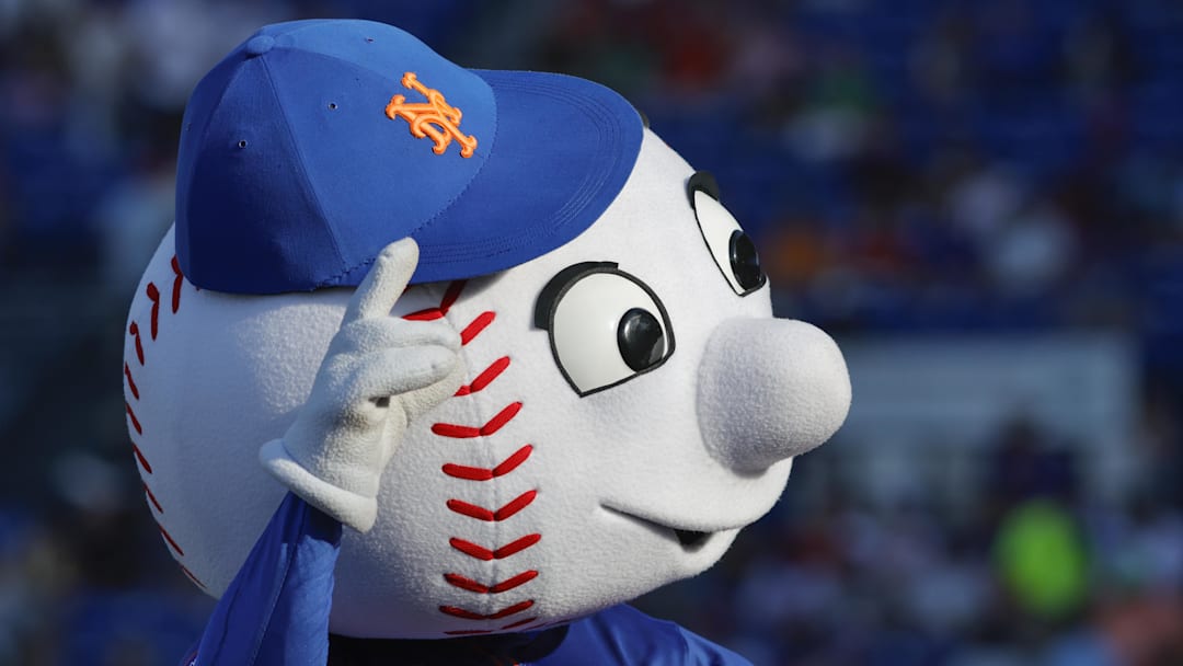 Mar 14, 2025; Port St. Lucie, Florida, USA;  Mr. Met mascot greets the crowd before the game against the St. Louis Cardinals at Clover Park. 