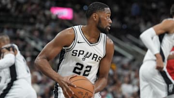Oct 26, 2024; San Antonio, Texas, USA;  San Antonio Spurs guard Malaki Branham (22) controls a rebound in the first half against the Houston Rockets at Frost Bank Center. Mandatory Credit: Daniel Dunn-Imagn Images