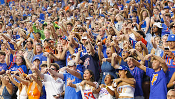 Oct 4, 2025; Gainesville, Florida, USA; Florida Gators fans gesture towards the Texas Longhorns team after a game at Ben Hill Griffin Stadium. Mandatory Credit: Matt Pendleton-Imagn Images