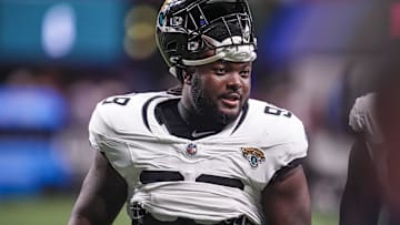 Aug 23, 2024; Atlanta, Georgia, USA; Jacksonville Jaguars defensive tackle Jordan Jefferson (98) shown on the field against the Atlanta Falcons at Mercedes-Benz Stadium. Mandatory Credit: Dale Zanine-Imagn Images