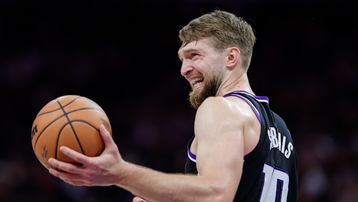 Apr 2, 2024; Sacramento, California, USA; Sacramento Kings forward Domantas Sabonis (10) smiles.