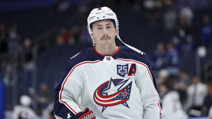 Mar 10, 2026; Tampa, Florida, USA; Columbus Blue Jackets defenseman Zach Werenski (8) warms up before a game against the before a game against the Tampa Bay Lightning at Benchmark International Arena. Mandatory Credit: Nathan Ray Seebeck-Imagn Images