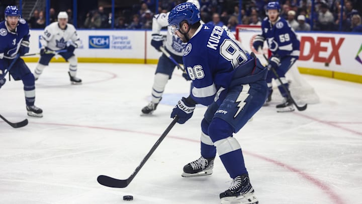 Feb 25, 2026; Tampa, Florida, USA; Tampa Bay Lightning forward Nikita Kucherov (86) controls the puck against the Toronto Maple Leafs during the third period at Benchmark International Arena. Mandatory Credit: Morgan Tencza-Imagn Images