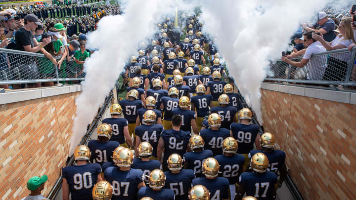 Sep 10, 2022; South Bend, Indiana, USA; The Notre Dame Fighting run out of the tunnel before the