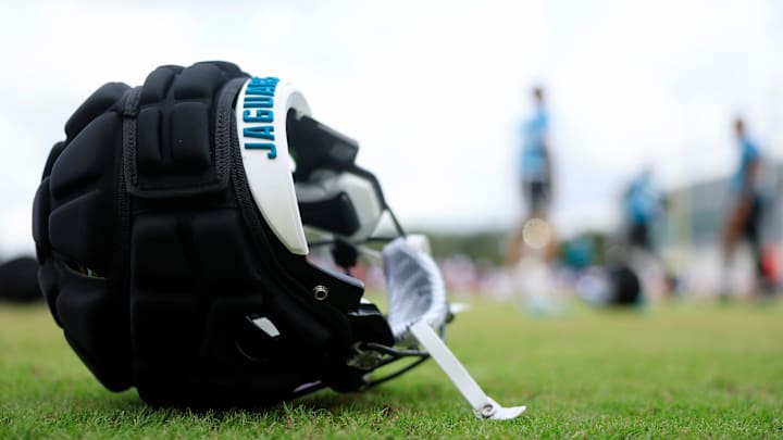 The helmet of Jacksonville Jaguars wide receiver Joshua Cephus (19) lies on the turf during a combined NFL football training camp session between the Tampa Bay Buccaneers and Jacksonville Jaguars Thursday, Aug. 15, 2024 at EverBank Stadium’s Miller Electric Center in Jacksonville, Fla. [Corey Perrine/Florida Times-Union]