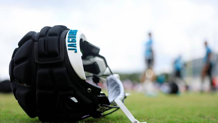 The helmet of Jacksonville Jaguars wide receiver Joshua Cephus (19) lies on the turf during a combined NFL football training camp session between the Tampa Bay Buccaneers and Jacksonville Jaguars Thursday, Aug. 15, 2024 at EverBank Stadium’s Miller Electric Center in Jacksonville, Fla. 