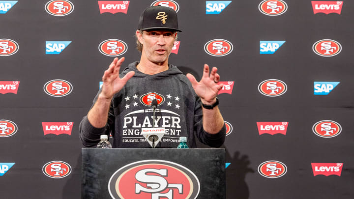 May 10, 2024; Santa Clara, CA, USA;  San Francisco 49ers defensive coordinator Nick Sorensen holds a