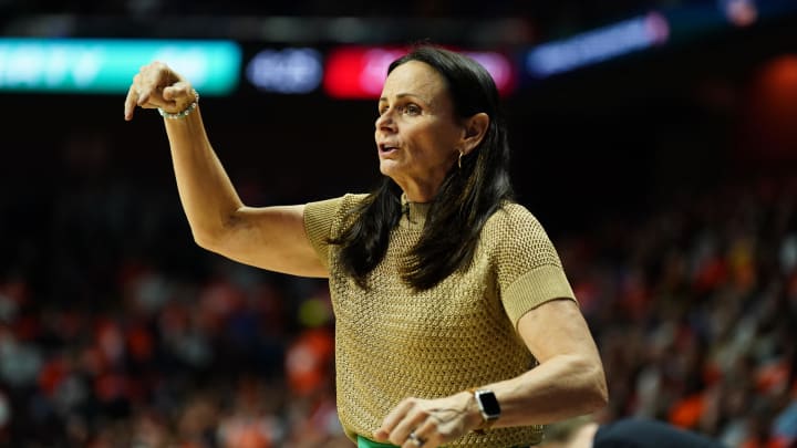 Sep 29, 2023; Uncasville, Connecticut, USA; New York Liberty head coach Sandy Brondello watches from the sideline as they take on the Connecticut Sun during game three of the 2023 WNBA Playoffs at Mohegan Sun Arena. Mandatory Credit: David Butler II-USA TODAY Sports