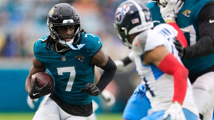 Jacksonville Jaguars wide receiver Brian Thomas Jr. (7) rushes for yards during the second quarter of an NFL football matchup Sunday, Dec. 29, 2024 at EverBank Stadium in Jacksonville, Fla. [Corey Perrine/Florida Times-Union]
