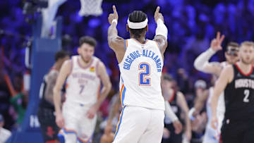 Mar 3, 2025; Oklahoma City, Oklahoma, USA; Oklahoma City Thunder guard Shai Gilgeous-Alexander (2) gestures to his team after a score against the Houston Rockets during the second half at Paycom Center. Mandatory Credit: Alonzo Adams-Imagn Images