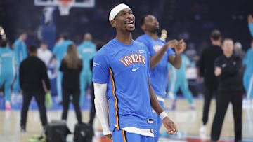 Oct 9, 2025; Oklahoma City, Oklahoma, USA; Oklahoma City Thunder guard Shai Gilgeous-Alexander smiles during warm ups before a game between the Charlotte Hornets and the Oklahoma City Thunder at Paycom Center. Mandatory Credit: Alonzo Adams-Imagn Images