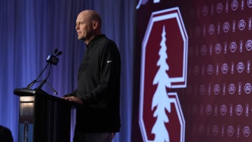 Jul 23, 2024; Charlotte, NC, USA;  Stanford head coach Troy Taylor answers questions from the media during the ACC Kickoff at Hilton Charlotte Uptown. 