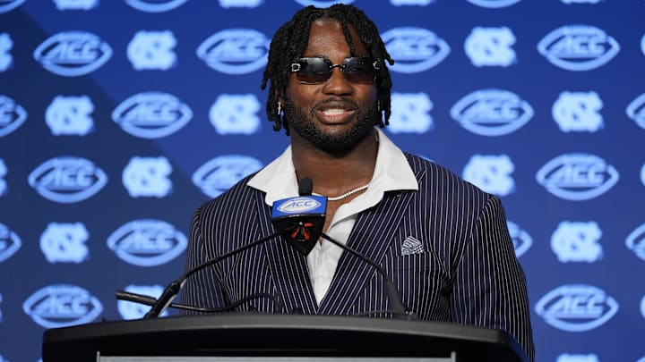 Jul 25, 2024; Charlotte, NC, USA;  UNC Tar Heels defensive end Kaimon Rucker speaks to the media during the ACC Kickoff at Hilton Charlotte Uptown. Mandatory Credit: Jim Dedmon-Imagn Images