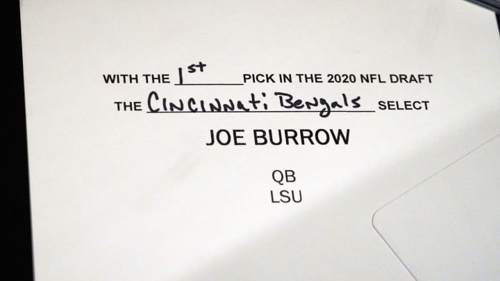 Apr 28, 2021; Canton, Ohio, USA; The draft card of the first pick in the 2020 NFL Draft of LSU