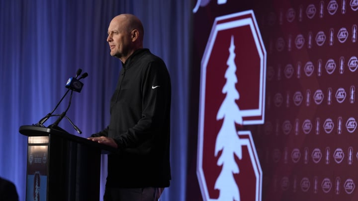 Jul 23, 2024; Charlotte, NC, USA;  Stanford head coach Troy Taylor answers questions from the media during the ACC Kickoff at Hilton Charlotte Uptown. 