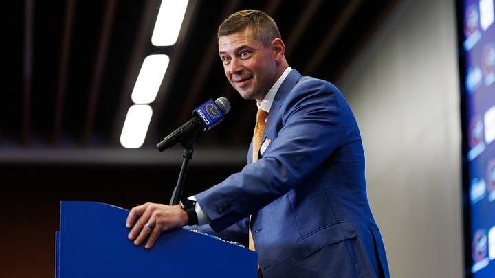 Dec 1, 2025; Gainesville, FL, USA; Florida Gators head coach Jon Sumrall talks during the press conference at the Heavener Football Training Center at the University of Florida. Mandatory Credit: Matt Pendleton-Imagn Images