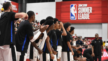 The Orlando Magic bench reacts to a late in game call versus the Cavaliers in their first 2K25 Summer League game in Las Vegas.