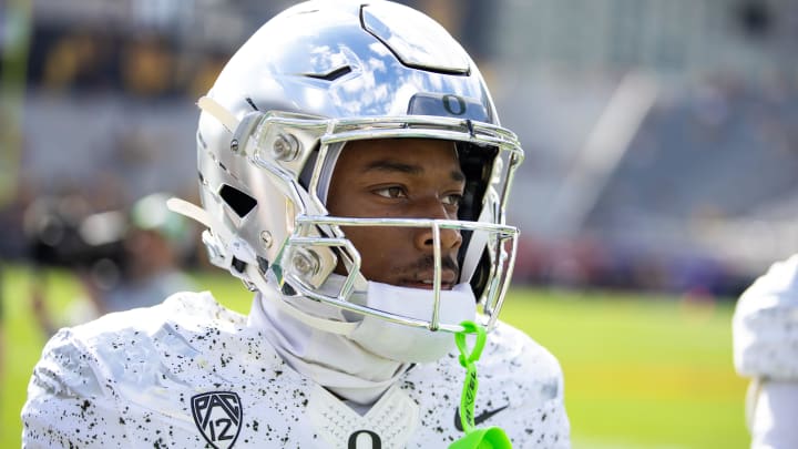 Nov 18, 2023; Tempe, Arizona, USA; Oregon Ducks wide receiver Tez Johnson (15) against the Arizona State Sun Devils at Mountain America Stadium. Mandatory Credit: Mark J. Rebilas-USA TODAY Sports