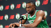 Sep 24, 2024; Boston, MA, USA; Boston Celtics guard Jaylen Brown (7) talks to reporters during media day at Auerbach Center. Mandatory Credit: David Butler II-Imagn Images