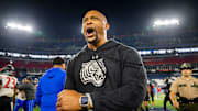 Tennessee State head coach Eddie George reacts after his win against Southeast Missouri State for the 2024 Big South-OVC Championship at Nissan Stadium in Nashville, Tenn., Saturday, Nov. 23, 2024.