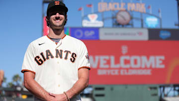Jul 26, 2023; San Francisco, California, USA; San Francisco Giants 2023 first round draft pick Bryce Eldridge poses for a photo before the game against the Oakland Athletics at Oracle Park.