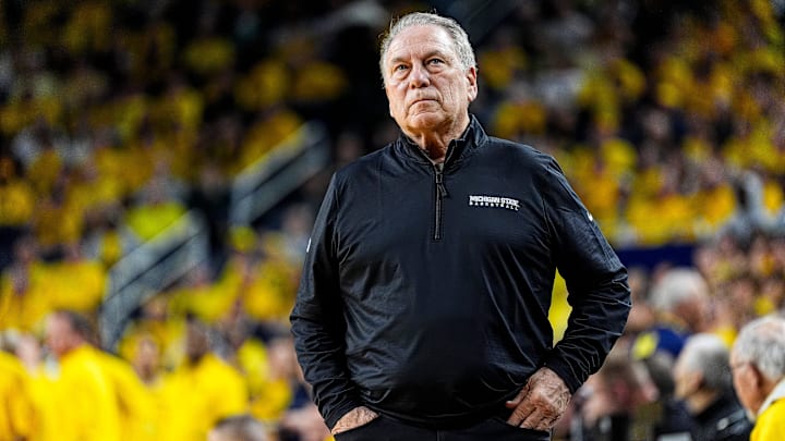 Michigan State head coach Tom Izzo looks on after a play against Michigan during the first half at Crisler Center in Ann Arbor on Sunday, March 8, 2026.