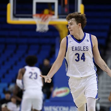 Santa Margarita's Brayden Kyman celebrates after a made basket at Pauley Pavilion.