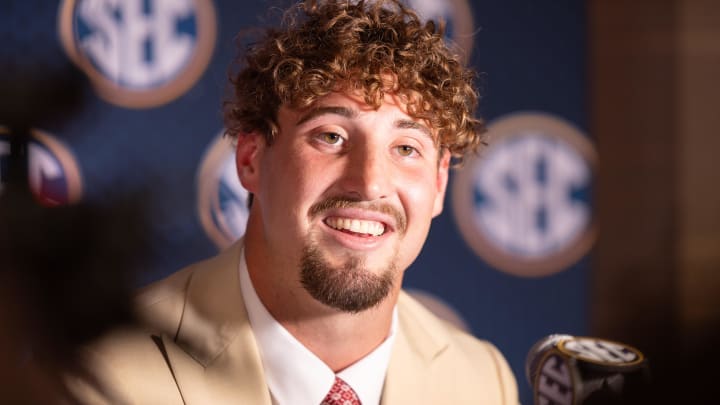 Jul 16, 2024; Dallas, TX, USA; Oklahoma linebacker Danny Stutsman speaking at Omni Dallas Hotel. Mandatory Credit: Brett Patzke-USA TODAY Sports